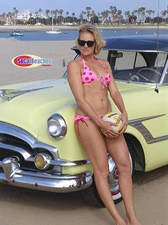 AVP Pro Jennifer Boss in Mission Beach with a 1953 Packard